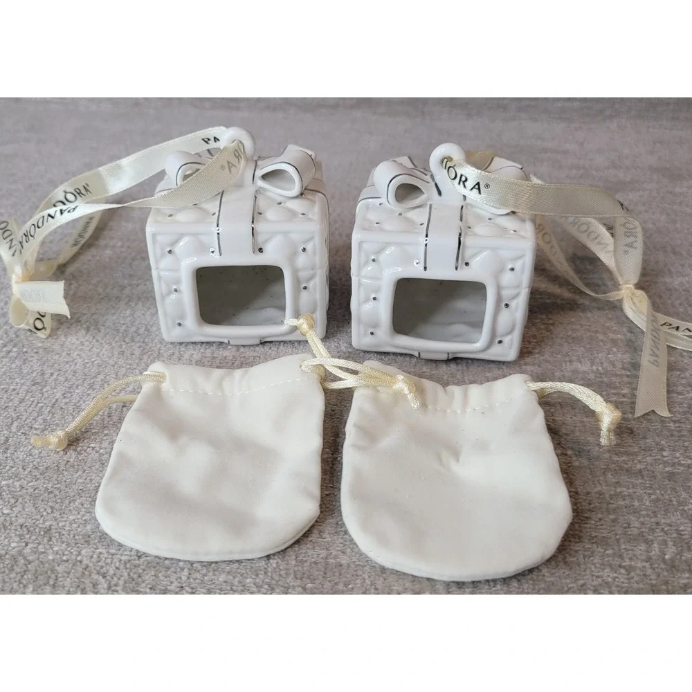2 Pandora Gift Box Ornaments 2016 Porcelain White Christmas Holiday w Pouches
